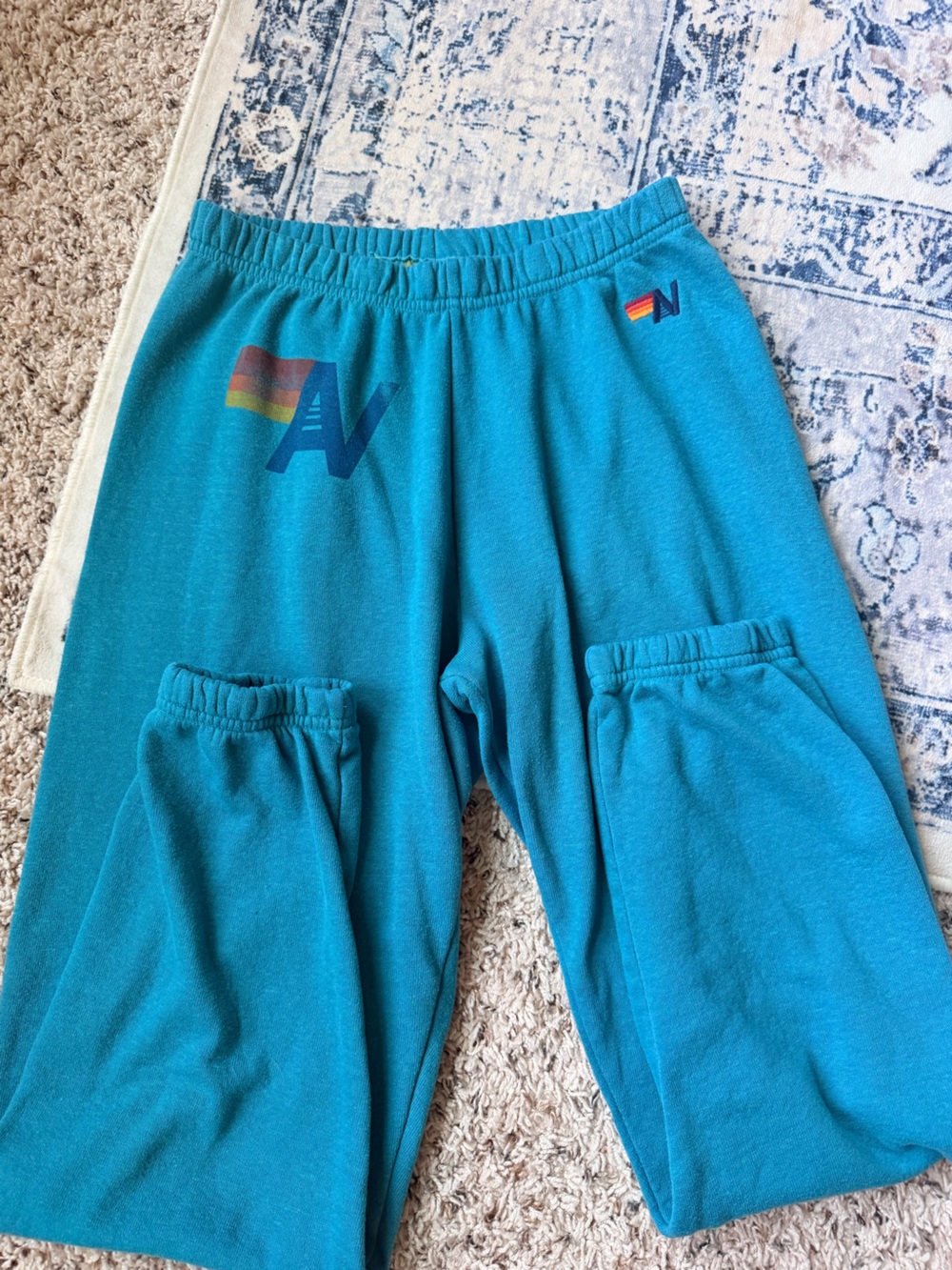 Aviator Nation Teal Jogger Sweatpants with Rainbow Accent